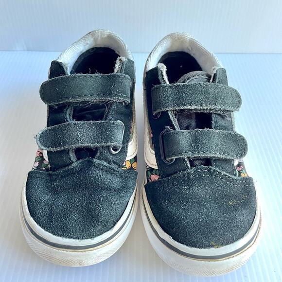 VANS Old Skool Floral Sneakers Toddler Size 1 Black Velcro Retro Skater Suede - Picture 4 of 9